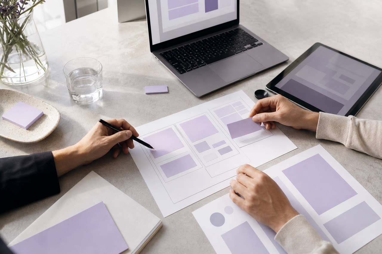 Illustratieve werkplek met wireframes, laptop en tablet